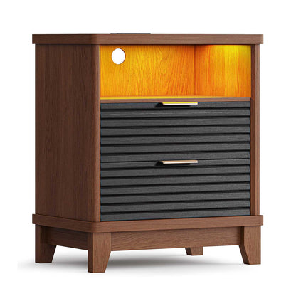 AOGLLATI Fluted Nightstand with Charging Station and 2 Drawers, Black Beside Table with Open Storage and Led Lights