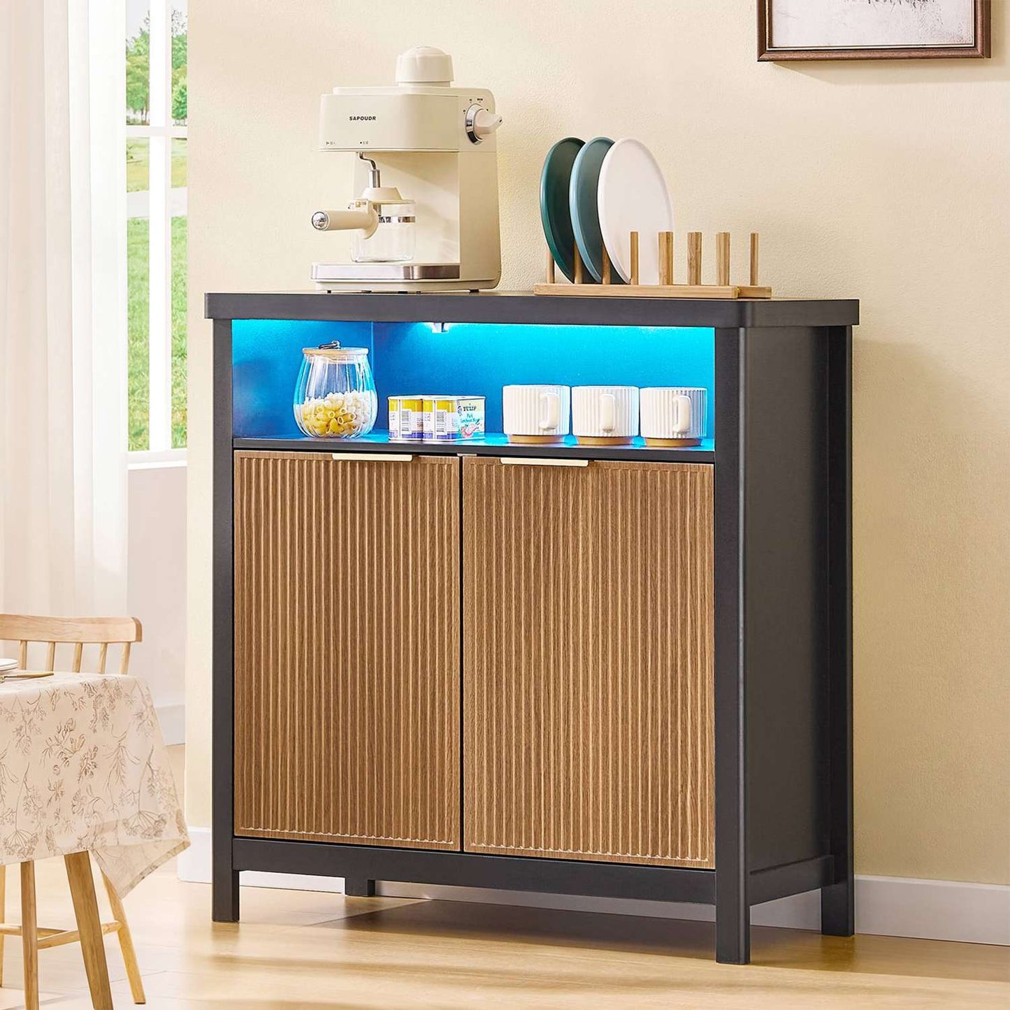 AOGLLATI Sideboard Storage Cabinet Buffet Table with Storage & Led Lights Coffee Bar Cabinet for Kitchen Entryway Living Room