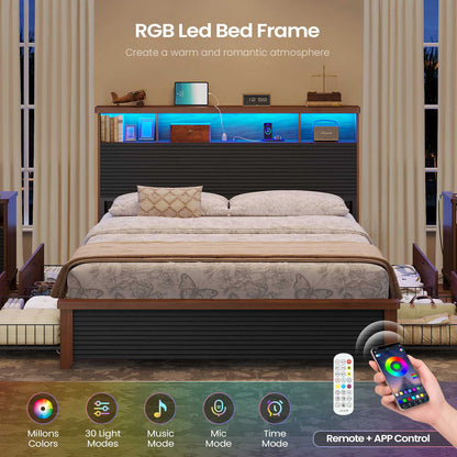AOGLLATI Full Size Bed Frame with 4 Storage Drawers & 2 Tier Storage Headboard Fluted Led Bed with Charging Station and Metal Slats