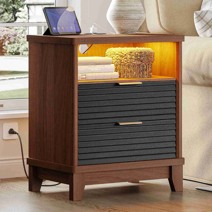 AOGLLATI Fluted Nightstand with Charging Station and 2 Drawers, Black Beside Table with Open Storage and Led Lights