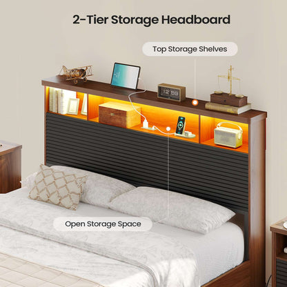 AOGLLATI Full Size Bed Frame with 4 Storage Drawers & 2 Tier Storage Headboard Fluted Led Bed with Charging Station and Metal Slats