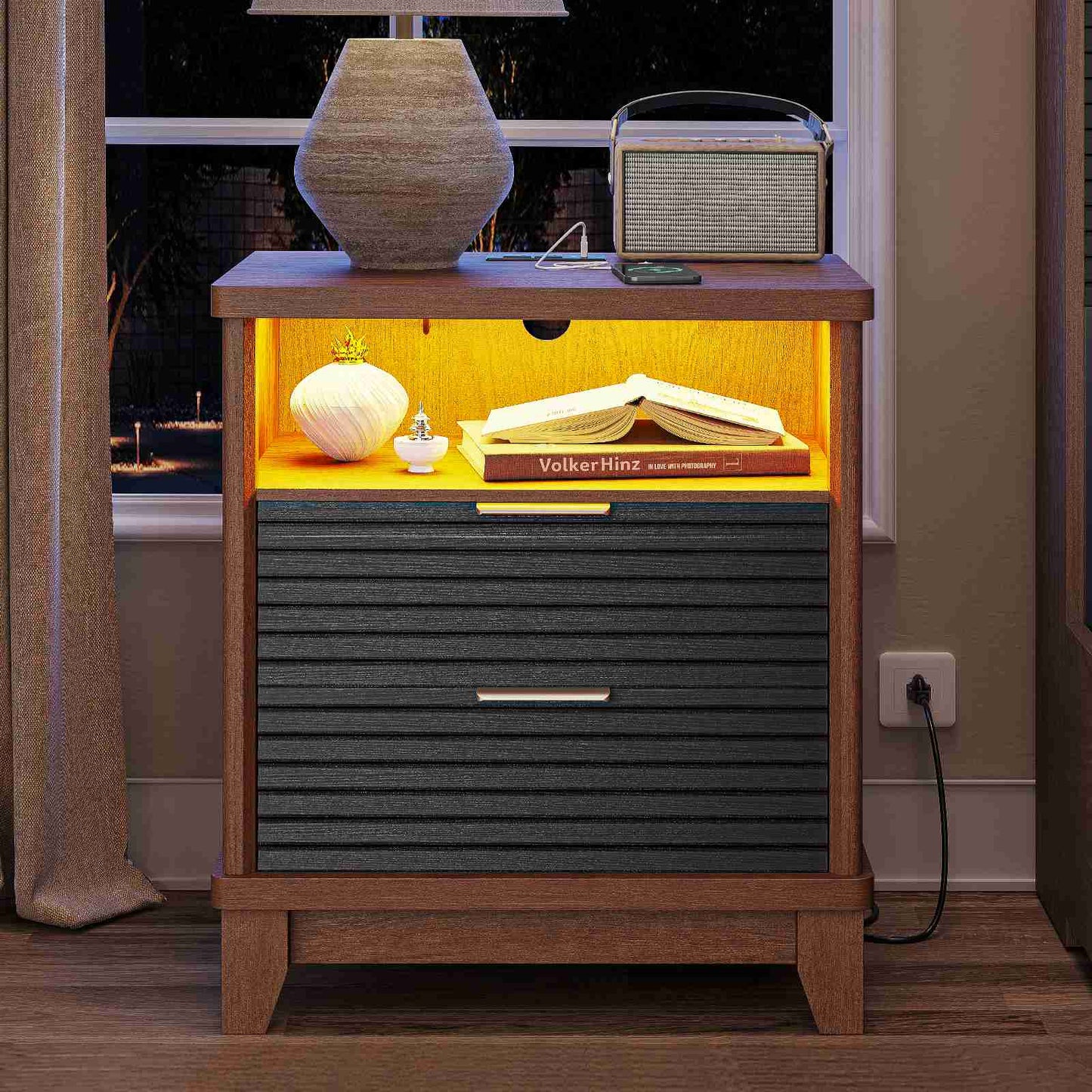 AOGLLATI Fluted Nightstand with Charging Station and 2 Drawers, Black Beside Table with Open Storage and Led Lights