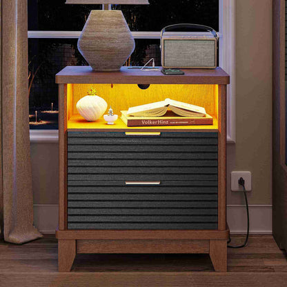 AOGLLATI Fluted Nightstand with Charging Station and 2 Drawers, Black Beside Table with Open Storage and Led Lights