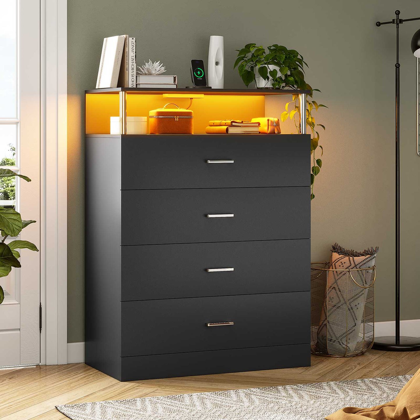 AOGLLATI 40.3 Inch Tall Dresser with 4 Drawer Dresser with Charging Station, Column Design Led Dresser for Bedroom Closet