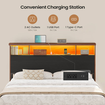 AOGLLATI Full Size Bed Frame with 4 Storage Drawers & 2 Tier Storage Headboard Fluted Led Bed with Charging Station and Metal Slats