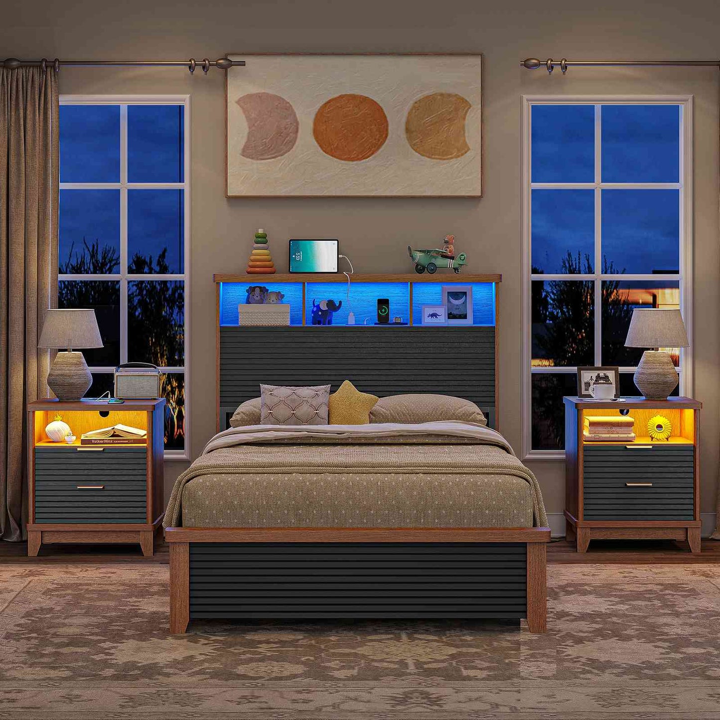 AOGLLATI Fluted Nightstand with Charging Station and 2 Drawers, Black Beside Table with Open Storage and Led Lights