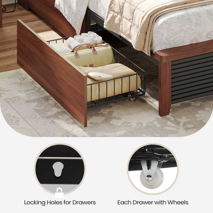 AOGLLATI Full Size Bed Frame with 4 Storage Drawers & 2 Tier Storage Headboard Fluted Led Bed with Charging Station and Metal Slats