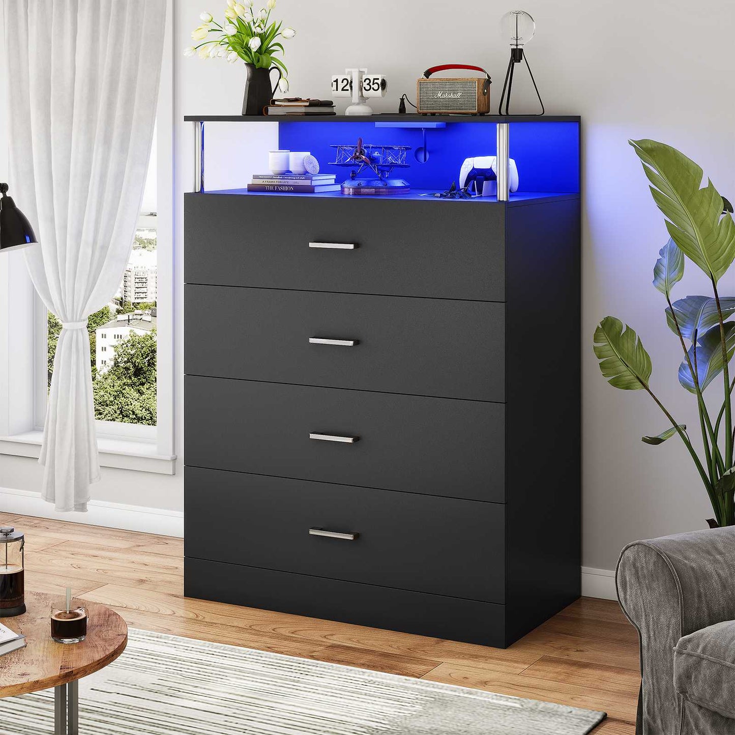AOGLLATI 40.3 Inch Tall Dresser with 4 Drawer Dresser with Charging Station, Column Design Led Dresser for Bedroom Closet