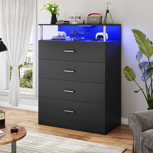 AOGLLATI 40.3 Inch Tall Dresser with 4 Drawer Dresser with Charging Station, Column Design Led Dresser for Bedroom Closet