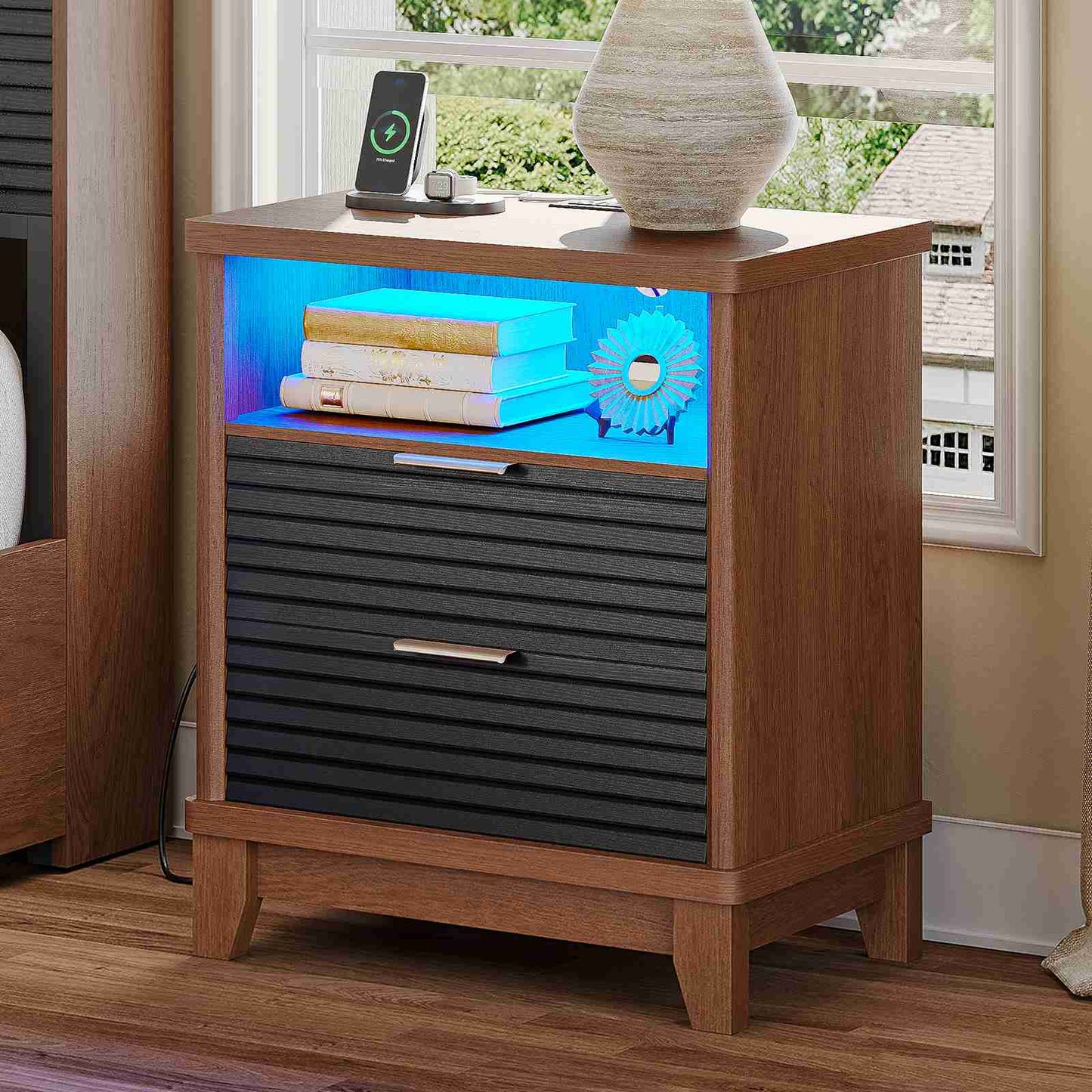 AOGLLATI Fluted Nightstand with Charging Station and 2 Drawers, Black Beside Table with Open Storage and Led Lights