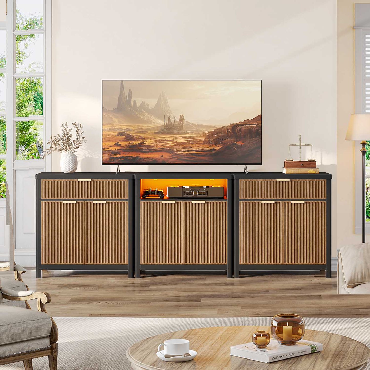 AOGLLATI Sideboard Storage Cabinet Buffet Table with Storage & Led Lights Coffee Bar Cabinet for Kitchen Entryway Living Room