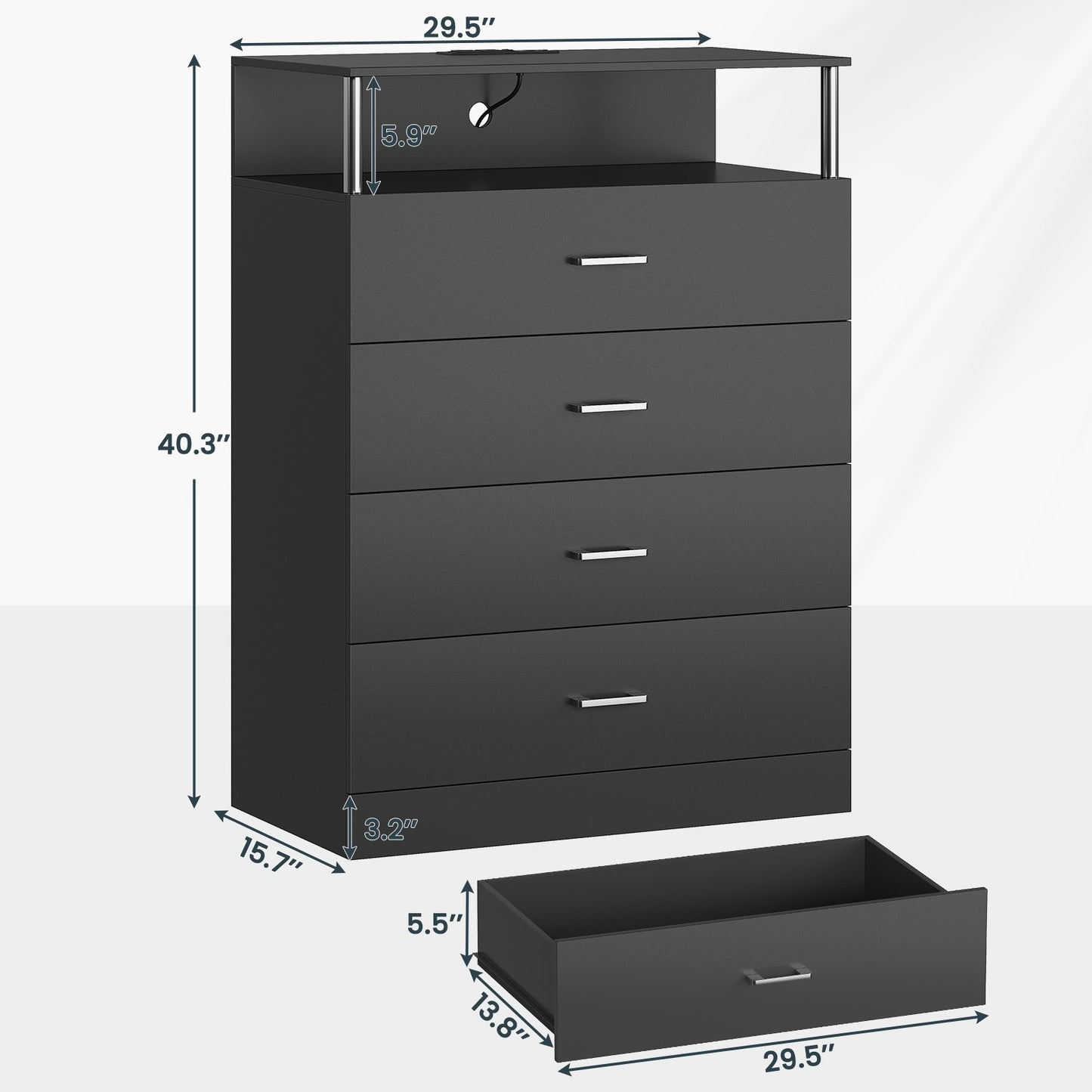 AOGLLATI 40.3 Inch Tall Dresser with 4 Drawer Dresser with Charging Station, Column Design Led Dresser for Bedroom Closet