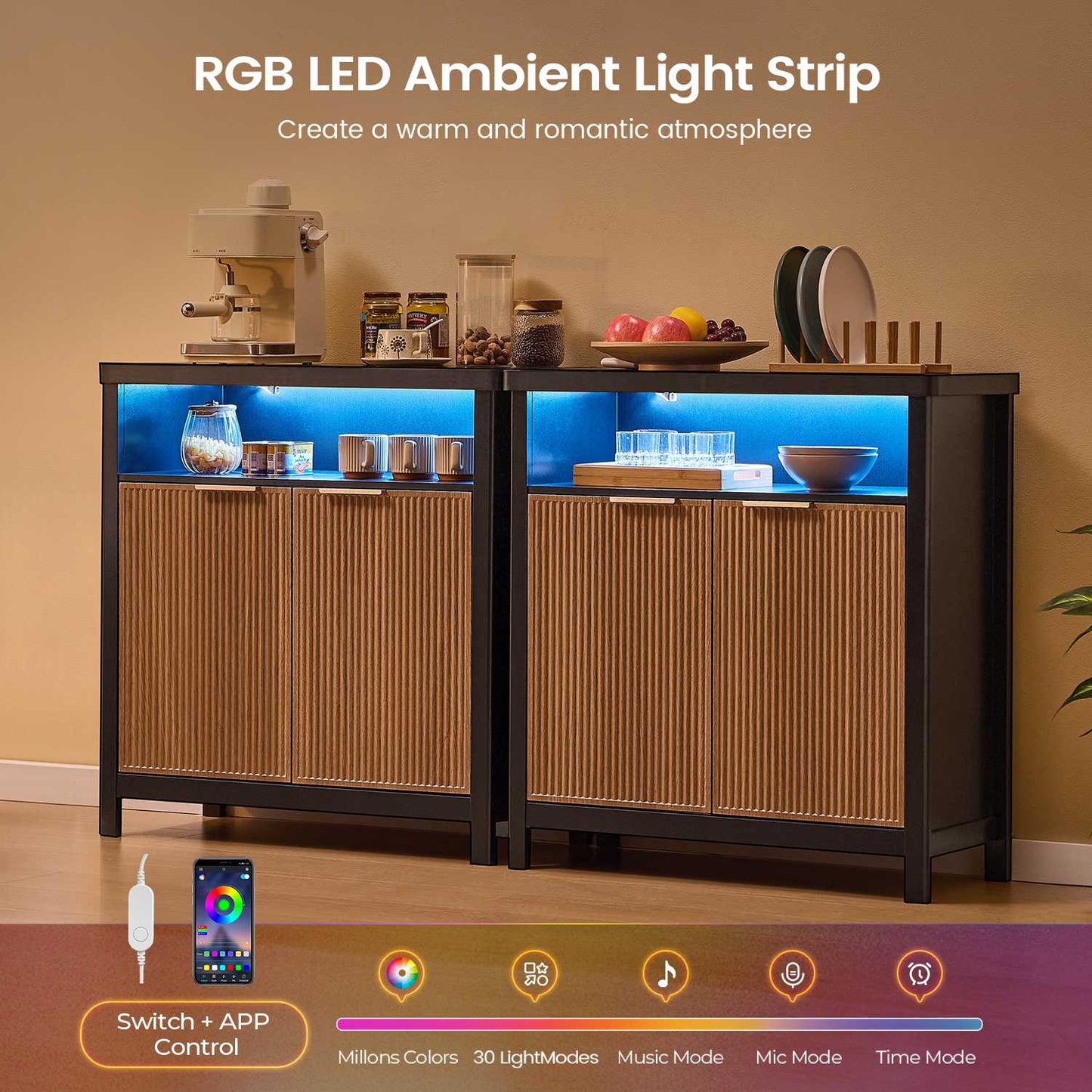 AOGLLATI Sideboard Storage Cabinet Buffet Table with Storage & Led Lights Coffee Bar Cabinet for Kitchen Entryway Living Room