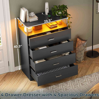 AOGLLATI 40.3 Inch Tall Dresser with 4 Drawer Dresser with Charging Station, Column Design Led Dresser for Bedroom Closet