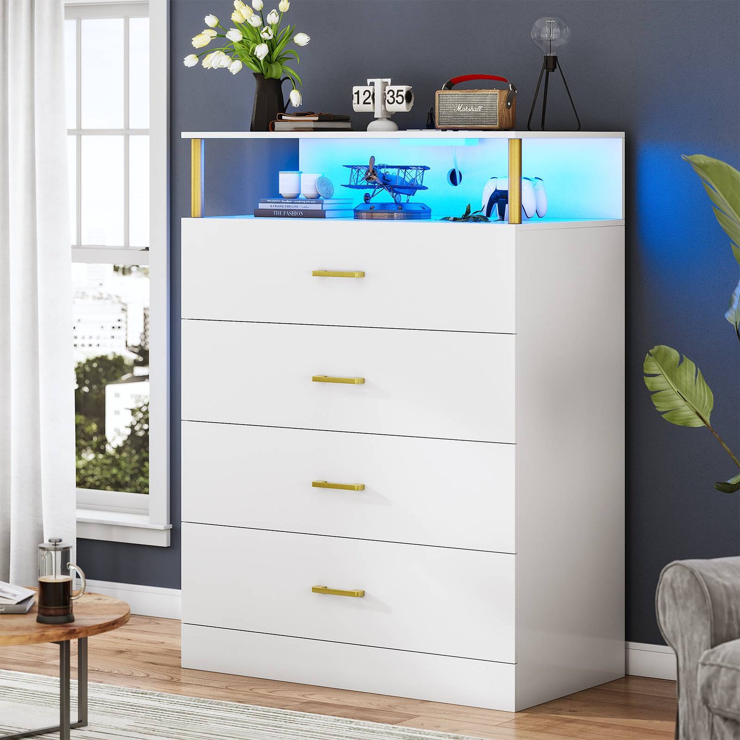 AOGLLATI 40.3 Inch Tall Dresser with 4 Drawer Dresser with Charging Station, Column Design Led Dresser for Bedroom Closet