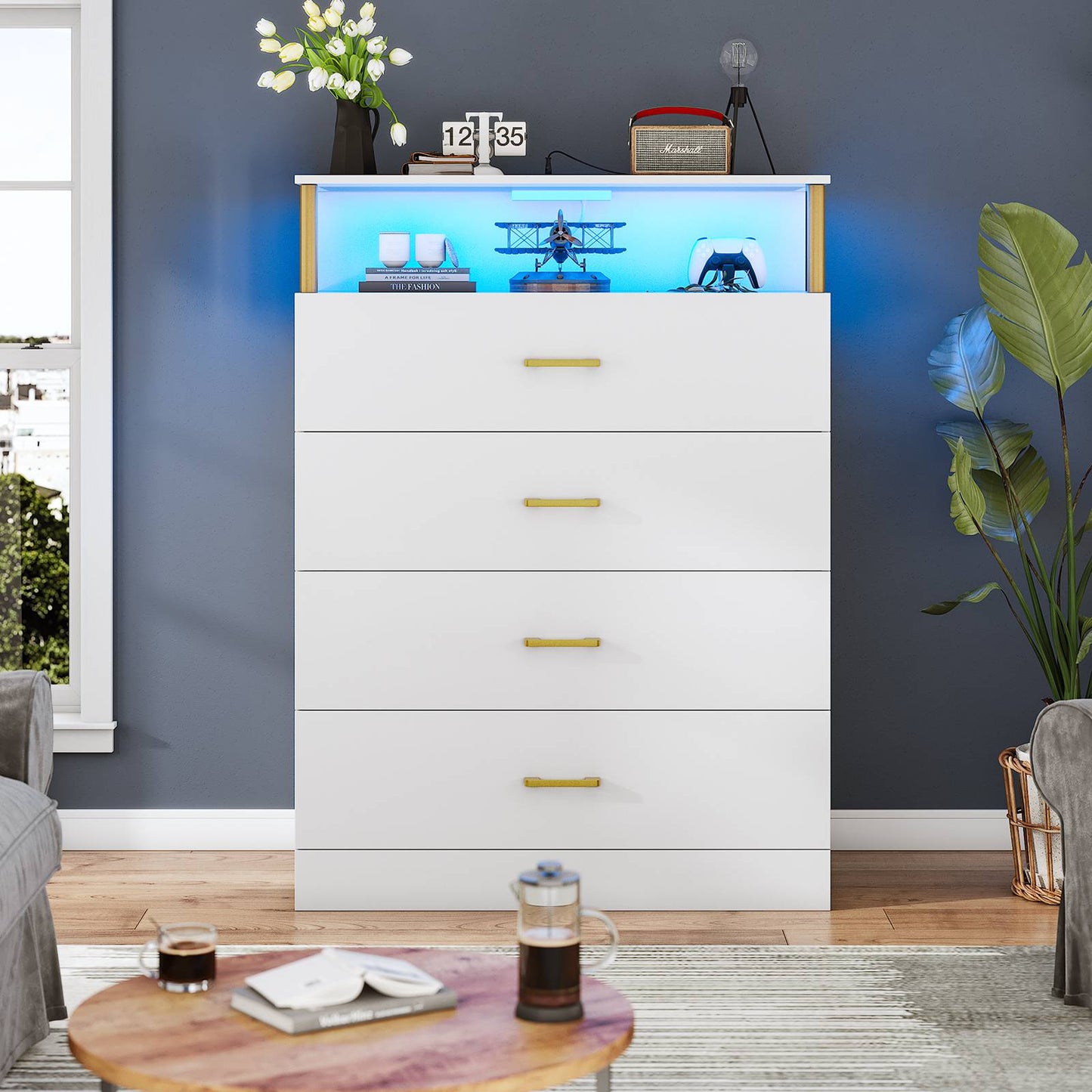 AOGLLATI 40.3 Inch Tall Dresser with 4 Drawer Dresser with Charging Station, Column Design Led Dresser for Bedroom Closet