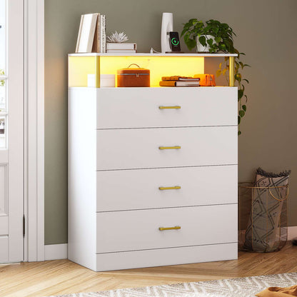 AOGLLATI 40.3 Inch Tall Dresser with 4 Drawer Dresser with Charging Station, Column Design Led Dresser for Bedroom Closet