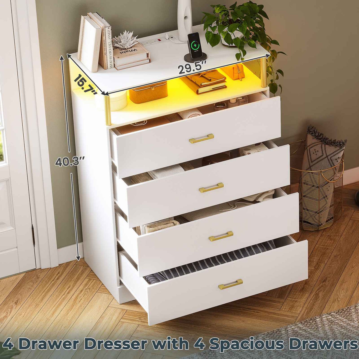 AOGLLATI 40.3 Inch Tall Dresser with 4 Drawer Dresser with Charging Station, Column Design Led Dresser for Bedroom Closet