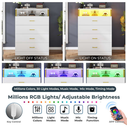 AOGLLATI 40.3 Inch Tall Dresser with 4 Drawer Dresser with Charging Station, Column Design Led Dresser for Bedroom Closet
