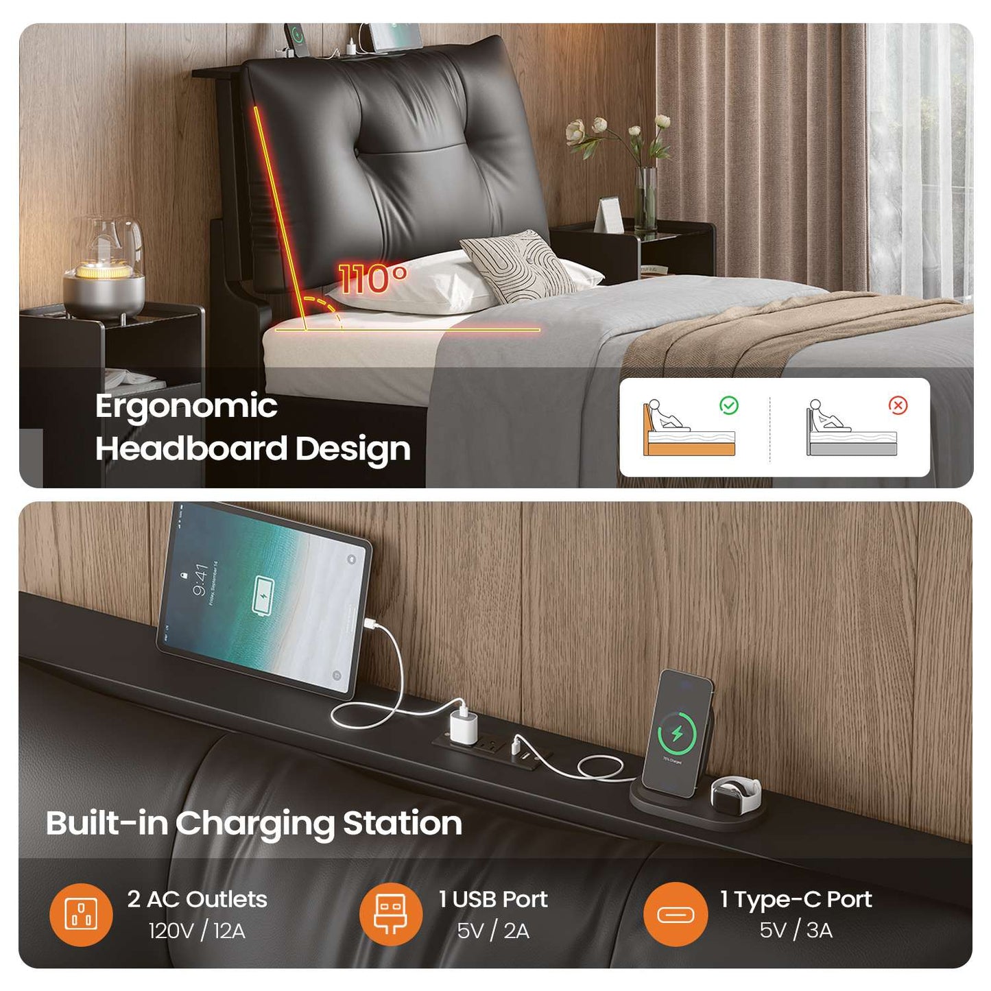 AOGLLATI Twin Size Bed Frame with Removable Upholstered Thick Backrest Headboard Led Bed Frames with 4 Storage Drawers and Charging Station