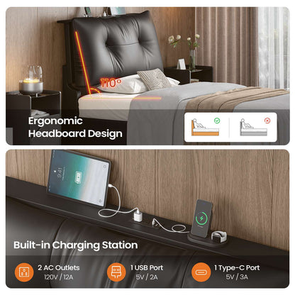 AOGLLATI Twin Size Bed Frame with Removable Upholstered Thick Backrest Headboard Led Bed Frames with 4 Storage Drawers and Charging Station