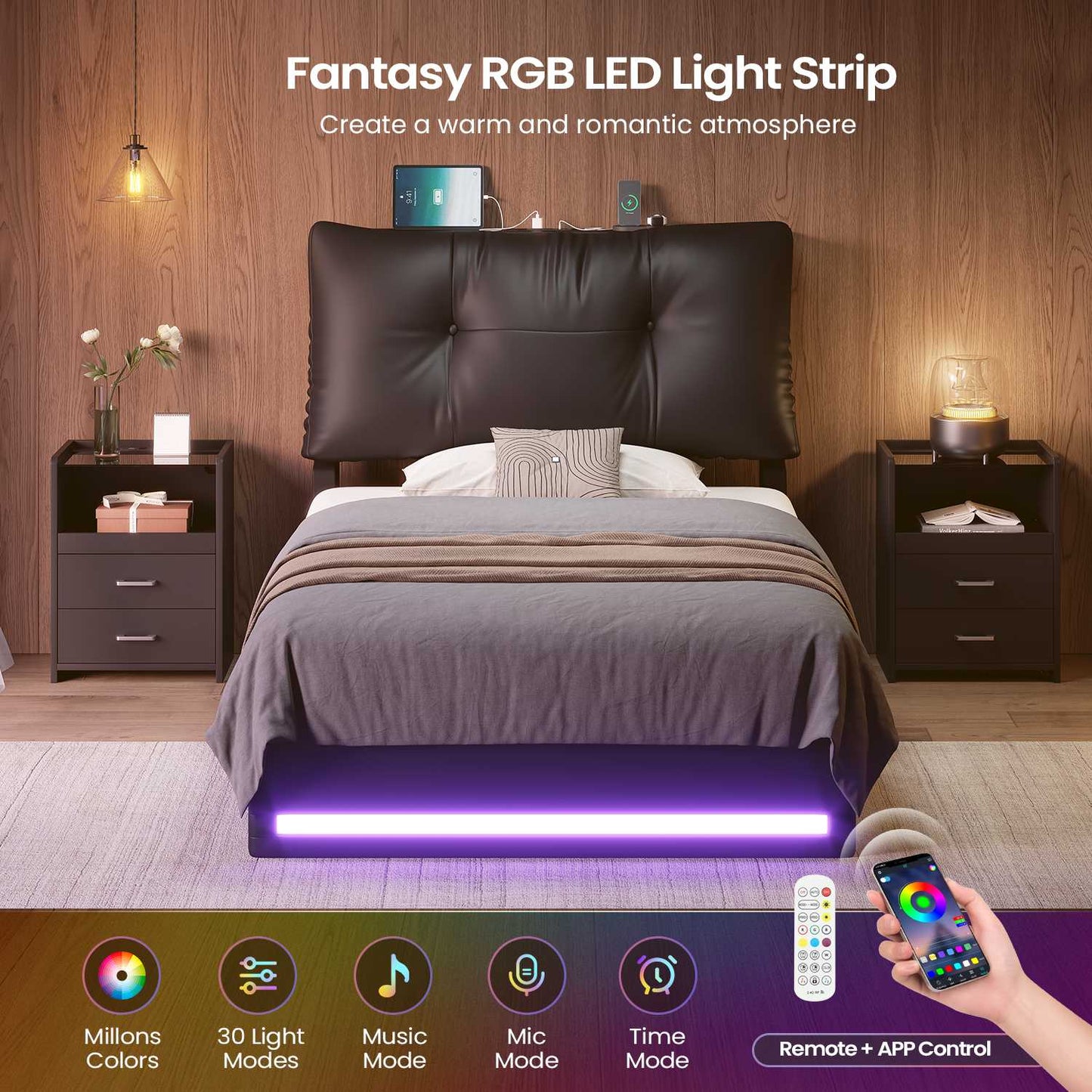 AOGLLATI Twin Size Bed Frame with Removable Upholstered Thick Backrest Headboard Led Bed Frames with 4 Storage Drawers and Charging Station