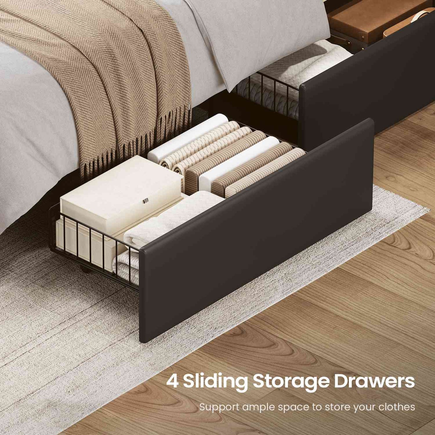 AOGLLATI Twin Size Bed Frame with Removable Upholstered Thick Backrest Headboard Led Bed Frames with 4 Storage Drawers and Charging Station