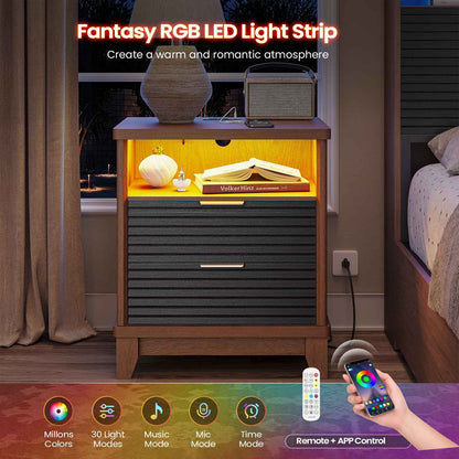 AOGLLATI Fluted Nightstand with Charging Station and 2 Drawers, Black Beside Table with Open Storage and Led Lights