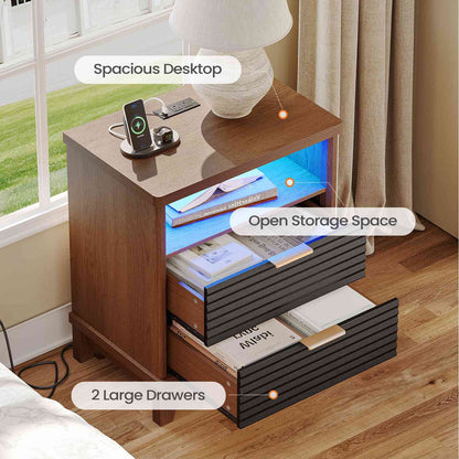 AOGLLATI Fluted Nightstand with Charging Station and 2 Drawers, Black Beside Table with Open Storage and Led Lights