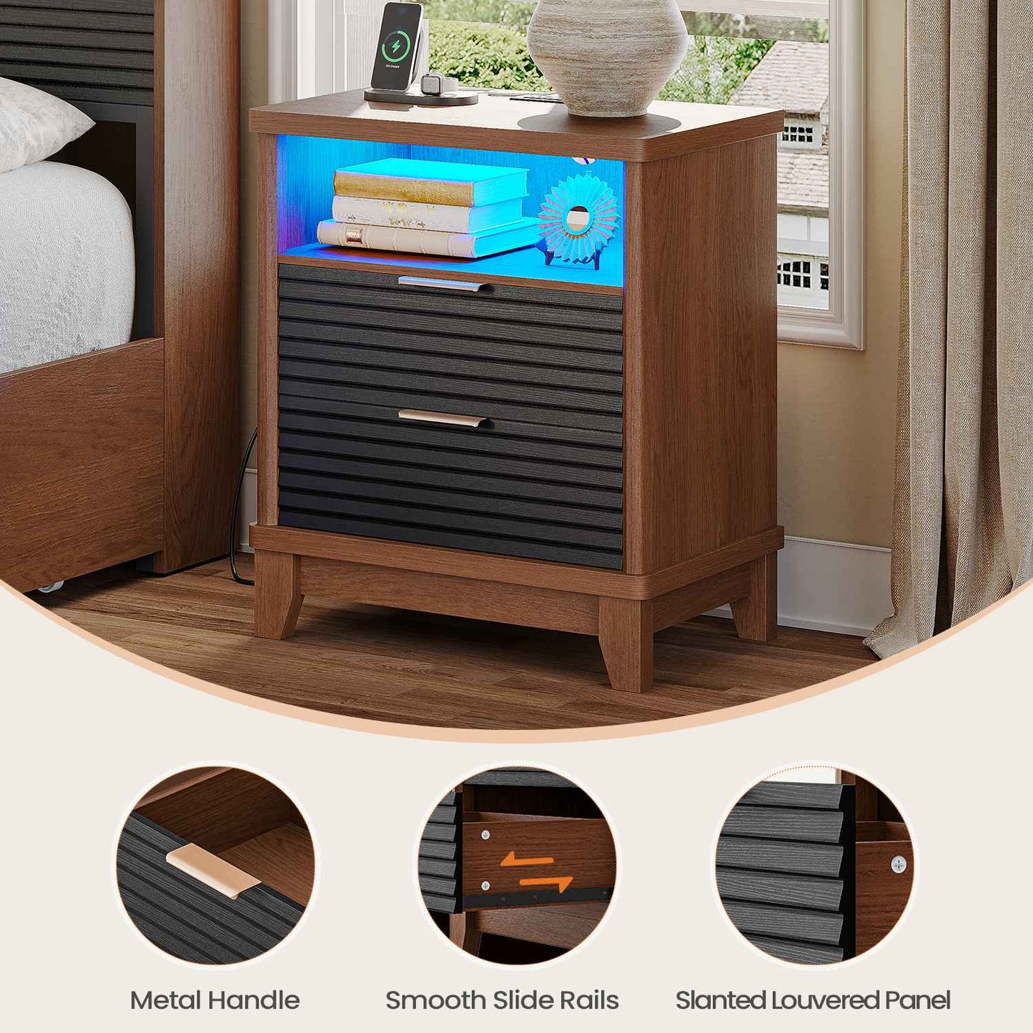 AOGLLATI Fluted Nightstand with Charging Station and 2 Drawers, Black Beside Table with Open Storage and Led Lights