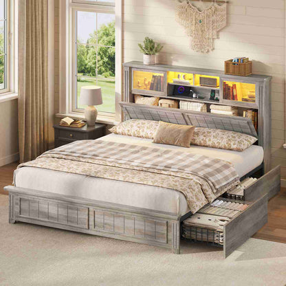 AOGLLATI Queen Bed Frame with 3-Tier Storage Hidden Headboard and 4 Drawers LED Wooden Bed Frame with Sliding Acrylic Door and Charging Station