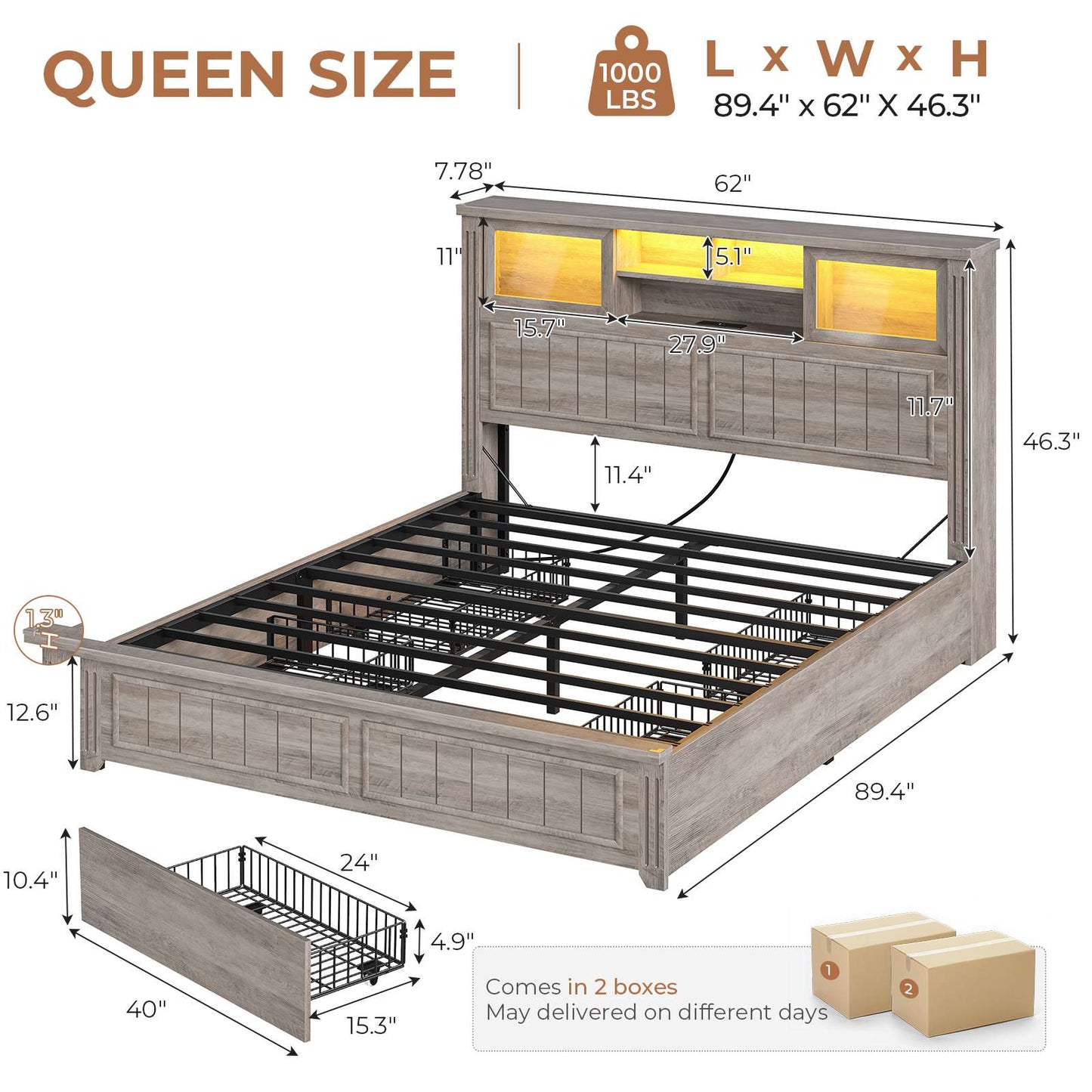 AOGLLATI Queen Bed Frame with 3-Tier Storage Hidden Headboard and 4 Drawers LED Wooden Bed Frame with Sliding Acrylic Door and Charging Station