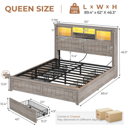 AOGLLATI Queen Bed Frame with 3-Tier Storage Hidden Headboard and 4 Drawers LED Wooden Bed Frame with Sliding Acrylic Door and Charging Station