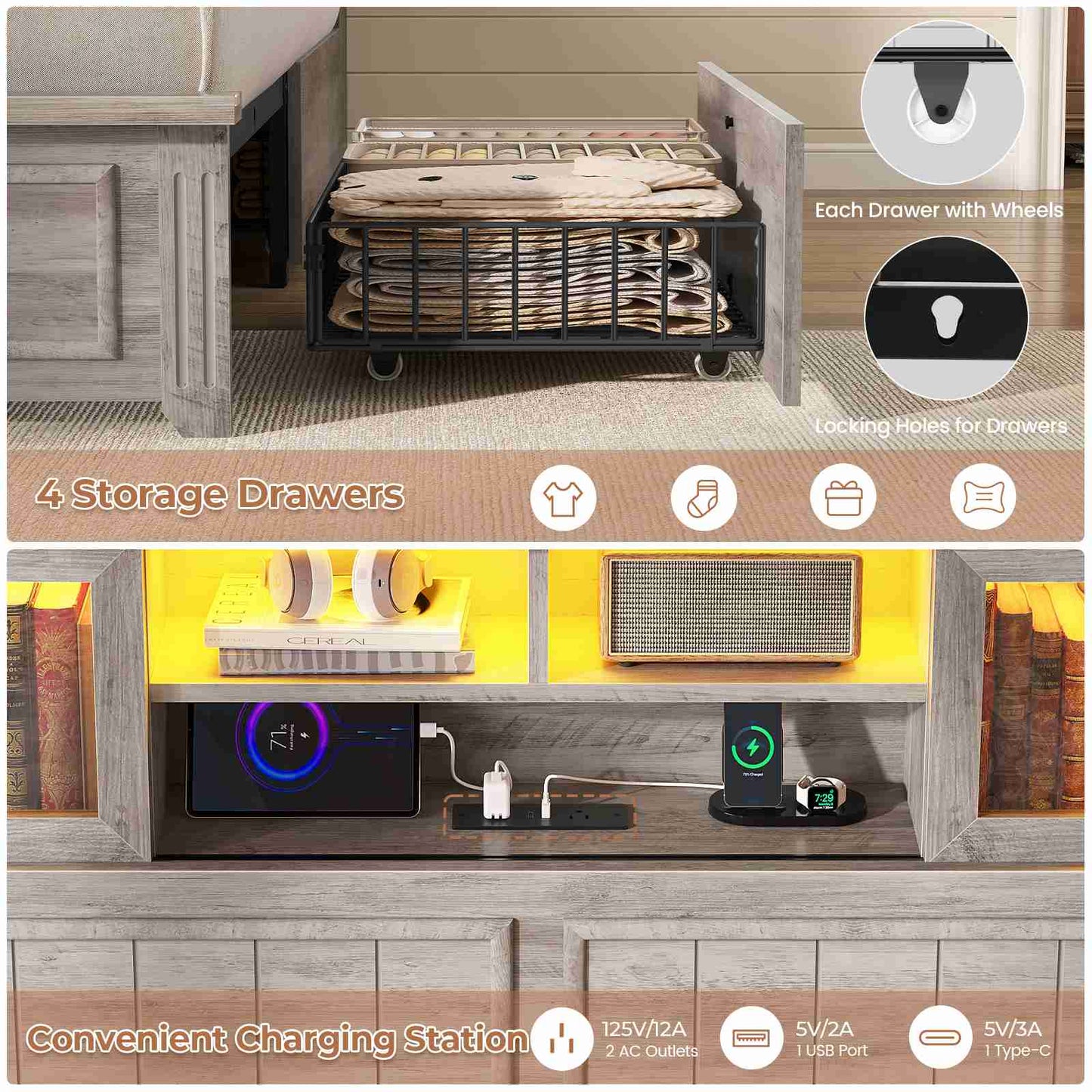 AOGLLATI Queen Bed Frame with 3-Tier Storage Hidden Headboard and 4 Drawers LED Wooden Bed Frame with Sliding Acrylic Door and Charging Station