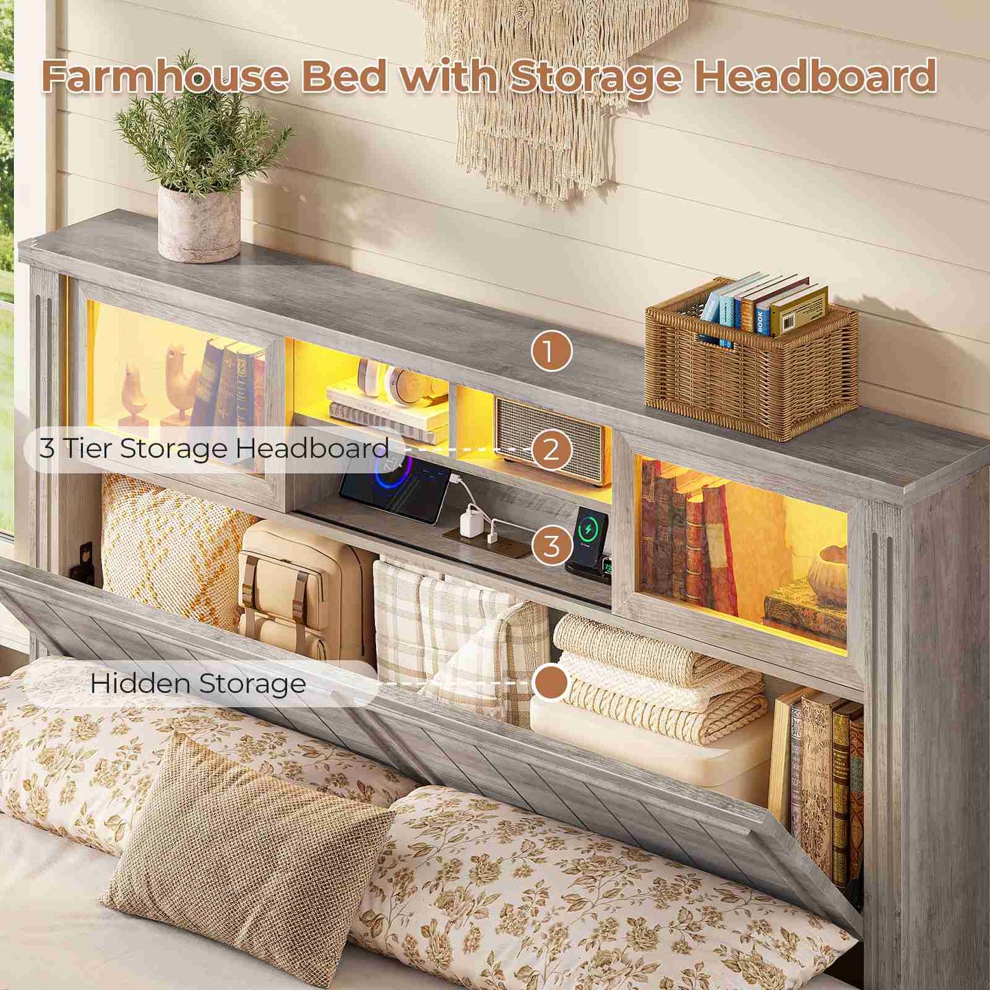 AOGLLATI Queen Bed Frame with 3-Tier Storage Hidden Headboard and 4 Drawers LED Wooden Bed Frame with Sliding Acrylic Door and Charging Station