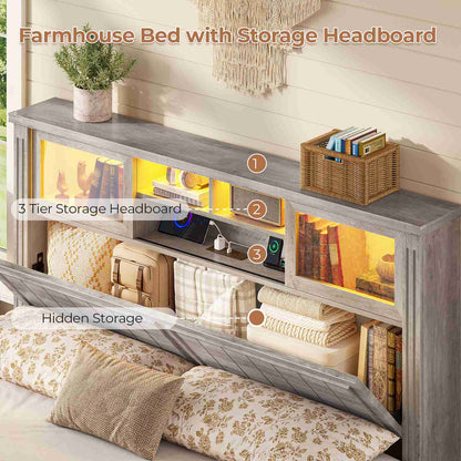 AOGLLATI Queen Bed Frame with 3-Tier Storage Hidden Headboard and 4 Drawers LED Wooden Bed Frame with Sliding Acrylic Door and Charging Station