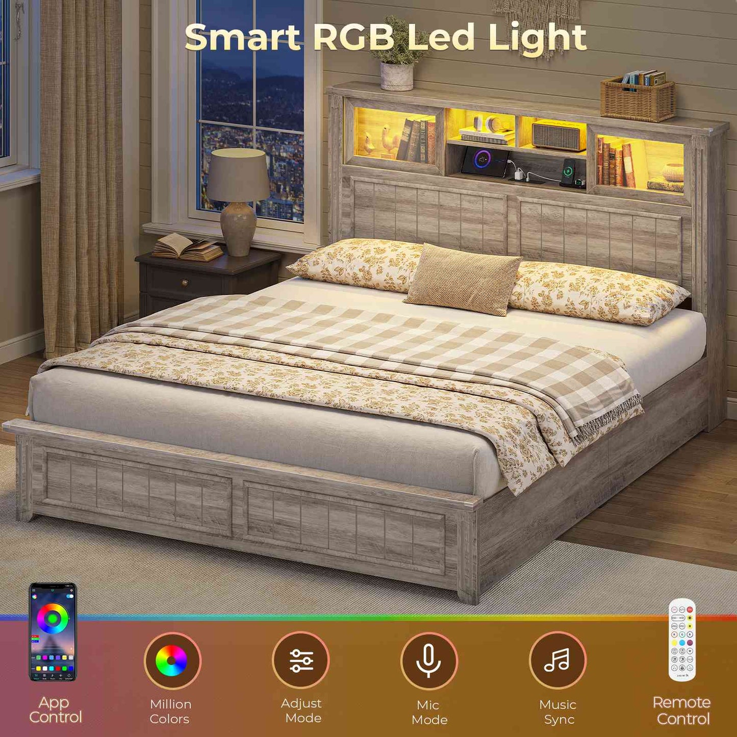 AOGLLATI Queen Bed Frame with 3-Tier Storage Hidden Headboard and 4 Drawers LED Wooden Bed Frame with Sliding Acrylic Door and Charging Station