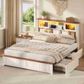 AOGLLATI Full Size Bed Frame with 4 Drawers and 3-Tier Hidden Headboard LED Wooden Bed Frame with Acrylic Sliding Door and Charging Station