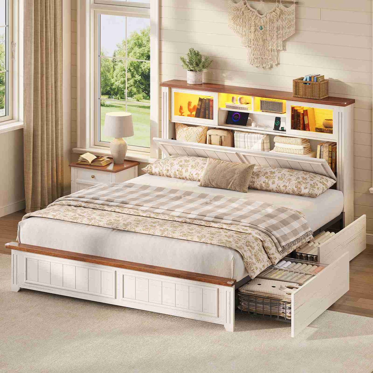 AOGLLATI Full Size Bed Frame with 4 Drawers and 3-Tier Hidden Headboard LED Wooden Bed Frame with Acrylic Sliding Door and Charging Station