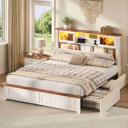 AOGLLATI Full Size Bed Frame with 4 Drawers and 3-Tier Hidden Headboard LED Wooden Bed Frame with Acrylic Sliding Door and Charging Station