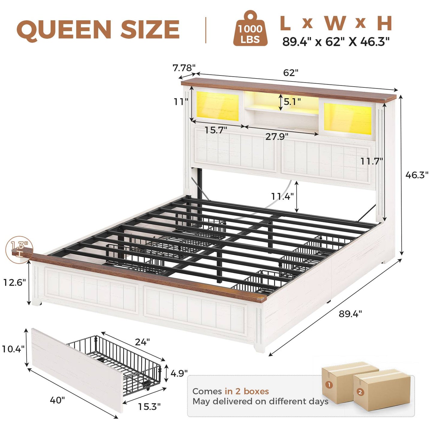 AOGLLATI Queen Bed Frame with 3-Tier Storage Hidden Headboard and 4 Drawers LED Wooden Bed Frame with Sliding Acrylic Door and Charging Station