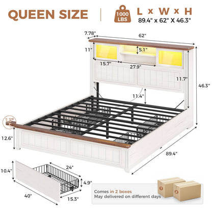 AOGLLATI Queen Bed Frame with 3-Tier Storage Hidden Headboard and 4 Drawers LED Wooden Bed Frame with Sliding Acrylic Door and Charging Station