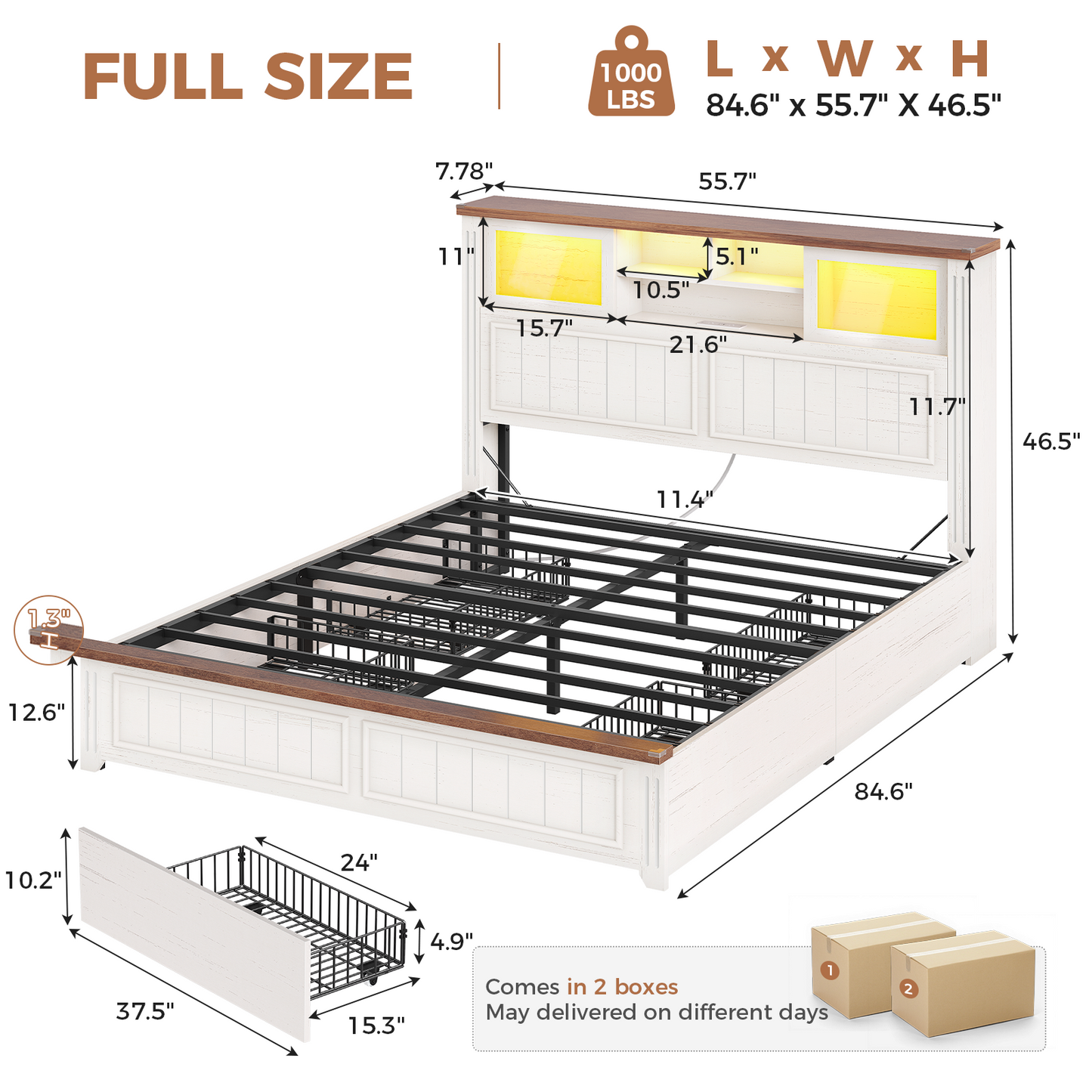 AOGLLATI Full Size Bed Frame with 4 Drawers and 3-Tier Hidden Headboard LED Wooden Bed Frame with Acrylic Sliding Door and Charging Station