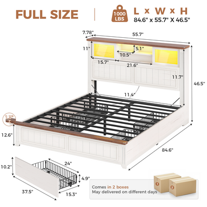 AOGLLATI Full Size Bed Frame with 4 Drawers and 3-Tier Hidden Headboard LED Wooden Bed Frame with Acrylic Sliding Door and Charging Station