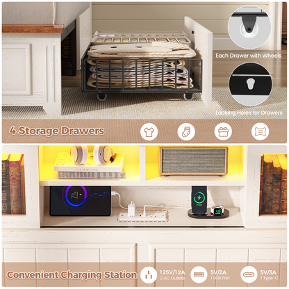 AOGLLATI Full Size Bed Frame with 4 Drawers and 3-Tier Hidden Headboard LED Wooden Bed Frame with Acrylic Sliding Door and Charging Station