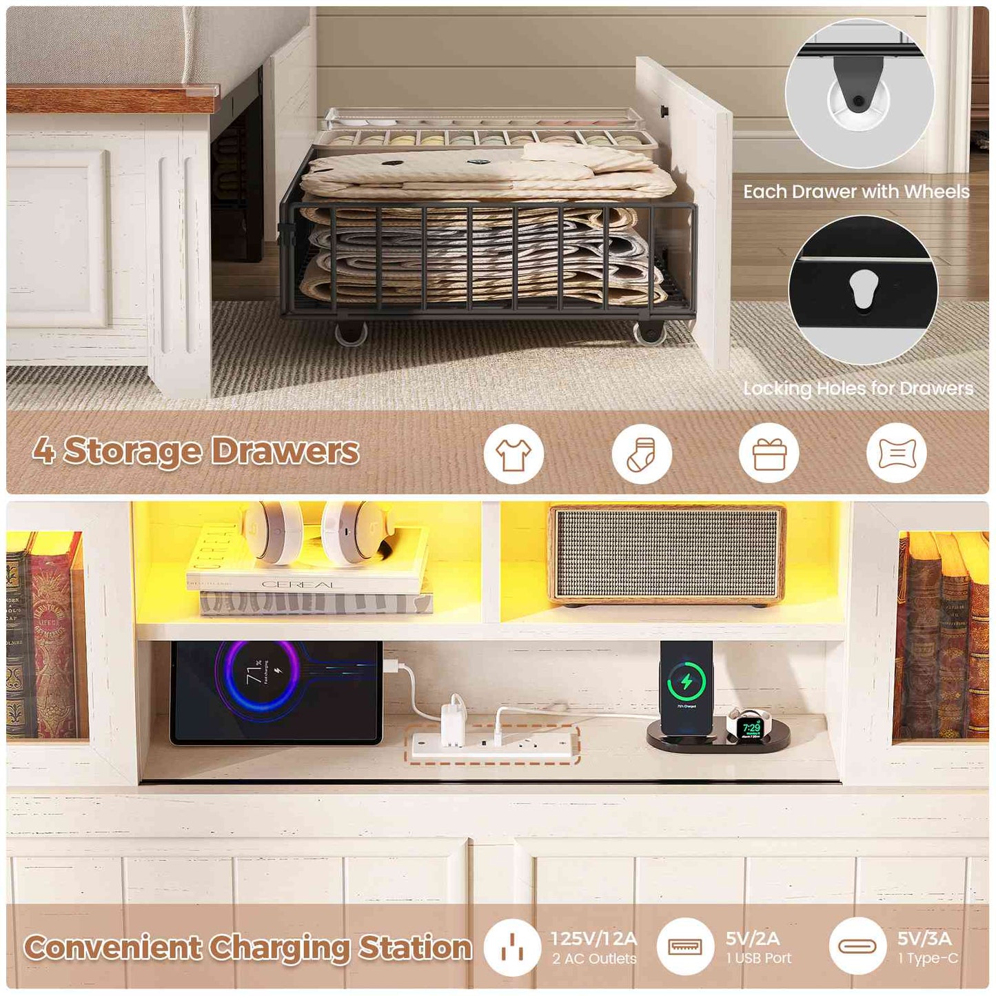 AOGLLATI Queen Bed Frame with 3-Tier Storage Hidden Headboard and 4 Drawers LED Wooden Bed Frame with Sliding Acrylic Door and Charging Station