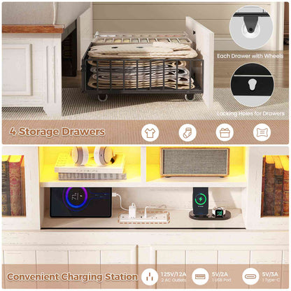 AOGLLATI Queen Bed Frame with 3-Tier Storage Hidden Headboard and 4 Drawers LED Wooden Bed Frame with Sliding Acrylic Door and Charging Station