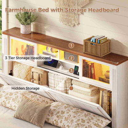 AOGLLATI Full Size Bed Frame with 4 Drawers and 3-Tier Hidden Headboard LED Wooden Bed Frame with Acrylic Sliding Door and Charging Station
