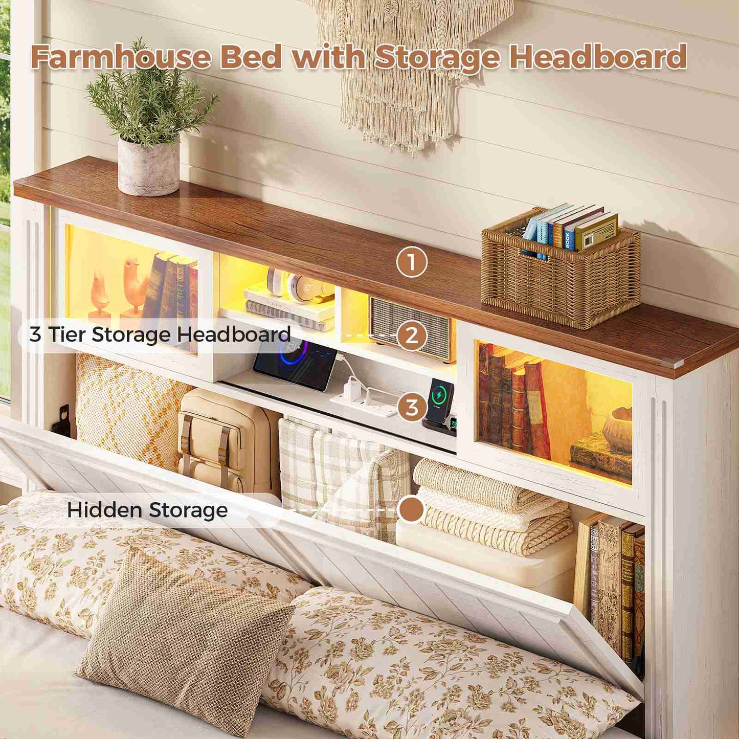 AOGLLATI Queen Bed Frame with 3-Tier Storage Hidden Headboard and 4 Drawers LED Wooden Bed Frame with Sliding Acrylic Door and Charging Station