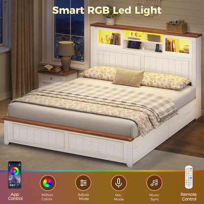 AOGLLATI Full Size Bed Frame with 4 Drawers and 3-Tier Hidden Headboard LED Wooden Bed Frame with Acrylic Sliding Door and Charging Station
